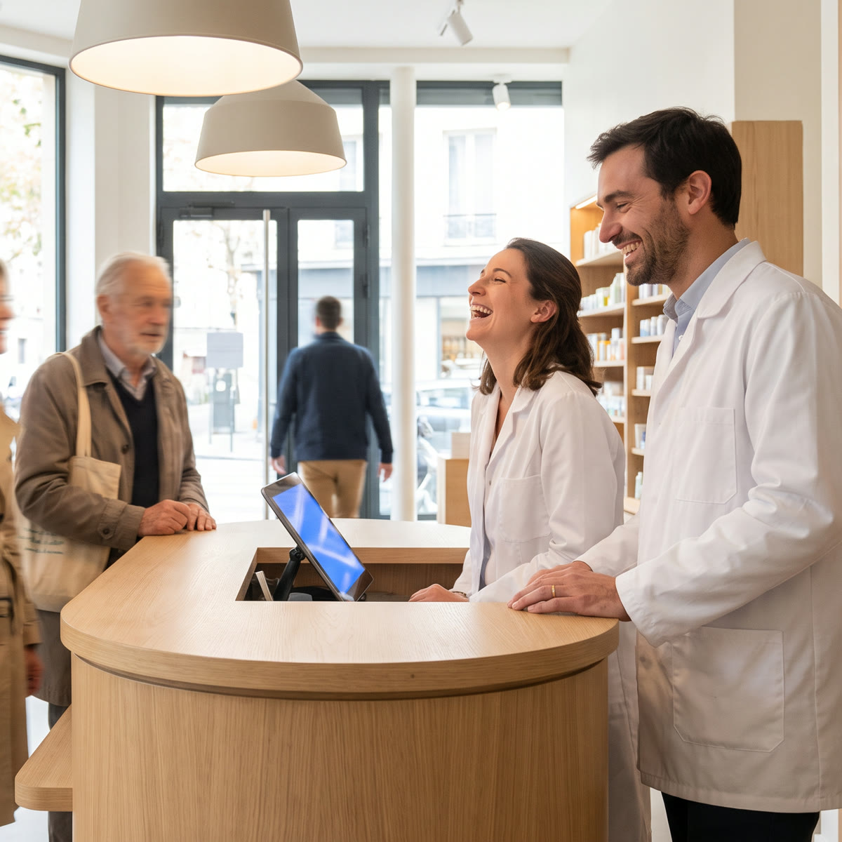 Deux pharmaciens souriants au comptoir en bois d'une officine lumineuse, face à un patient