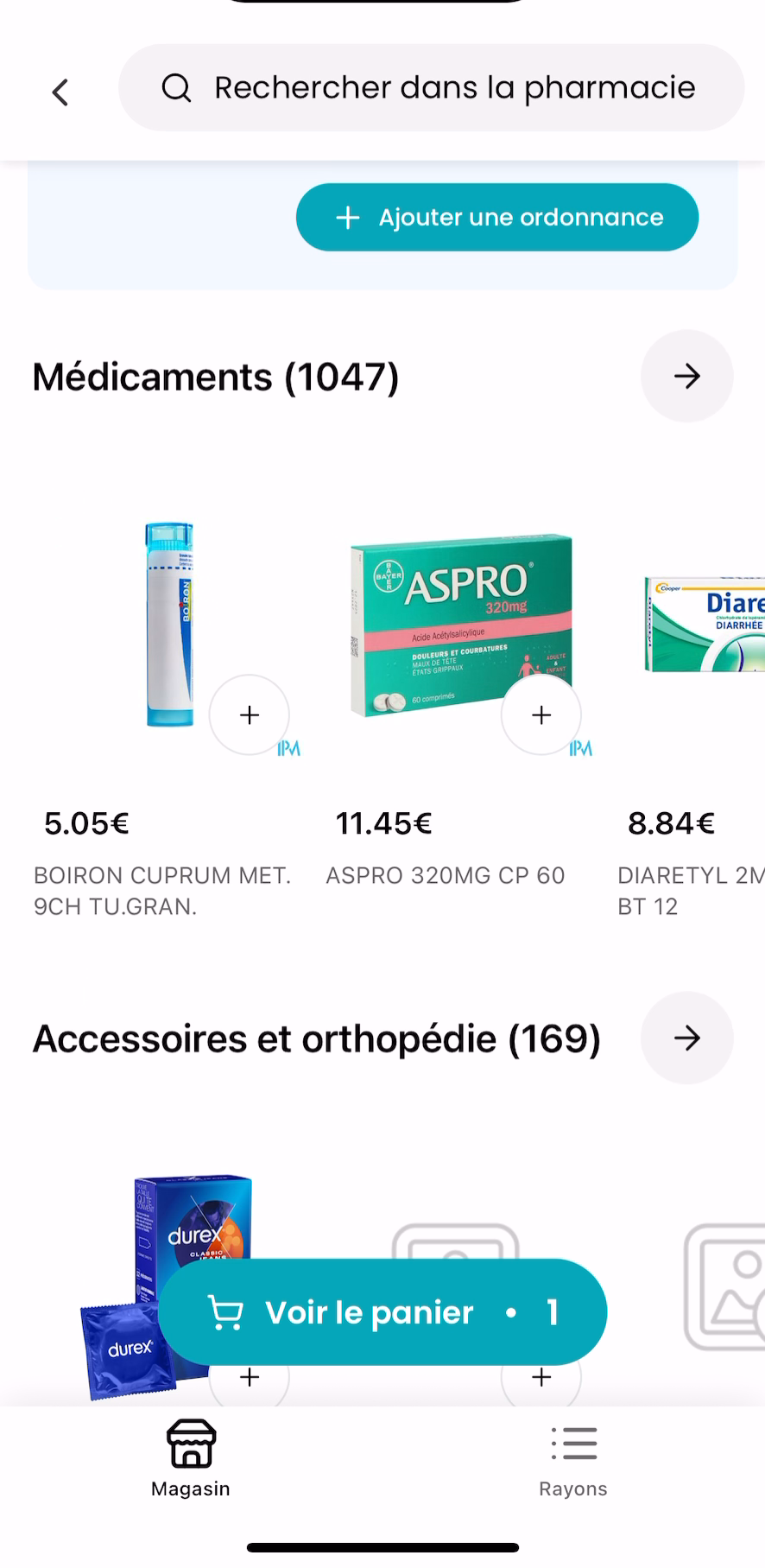 Fiche d’une pharmacie dans l’application Nexum Pharma, avec le bouton « Ajouter une ordonnance »