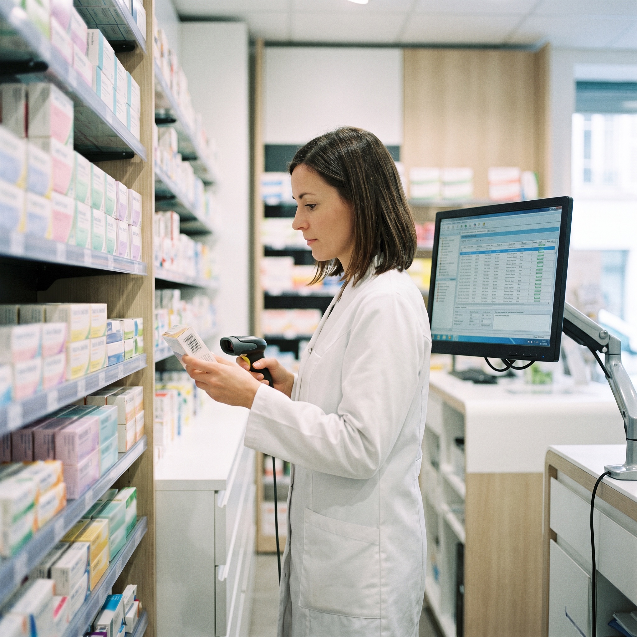 Une pharmacienne scanne une boîte dans le rayon, devant l'écran du logiciel de gestion de l'officine