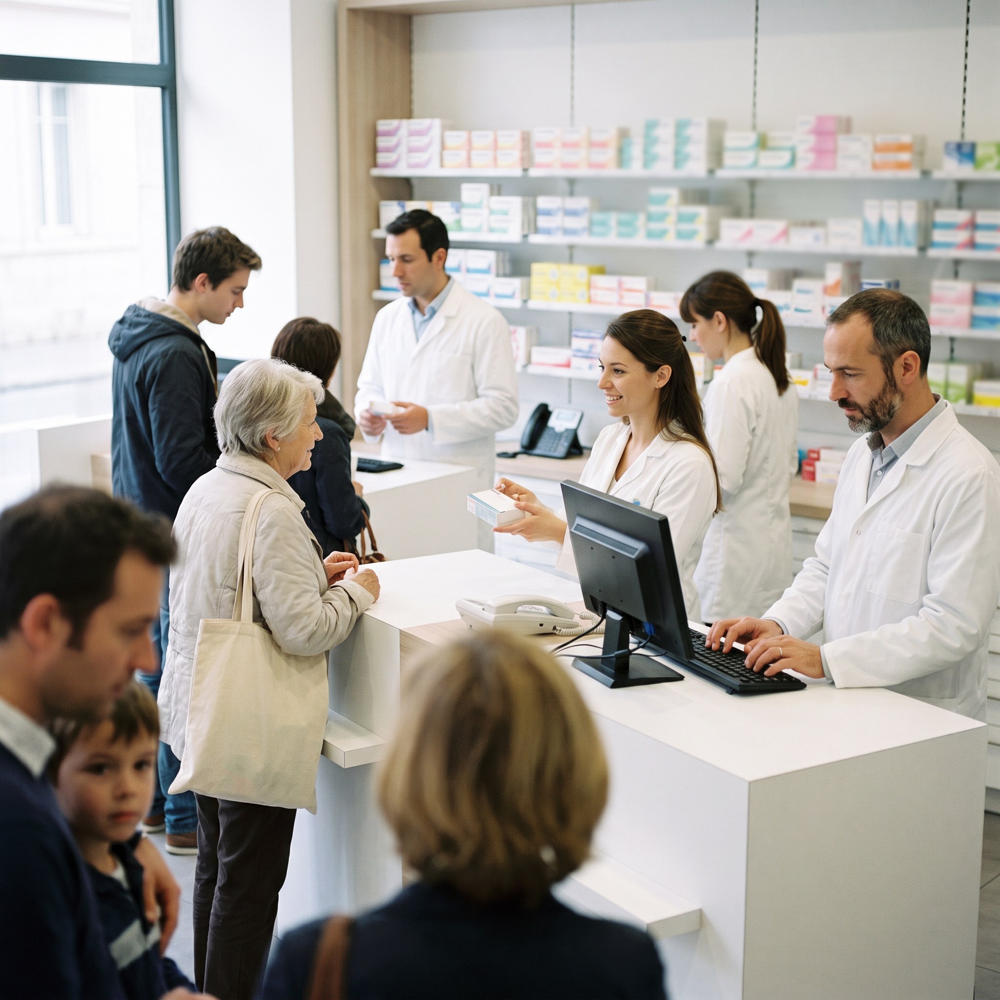 L’équipe d’une officine sert les patients à deux comptoirs, le téléphone posé et silencieux