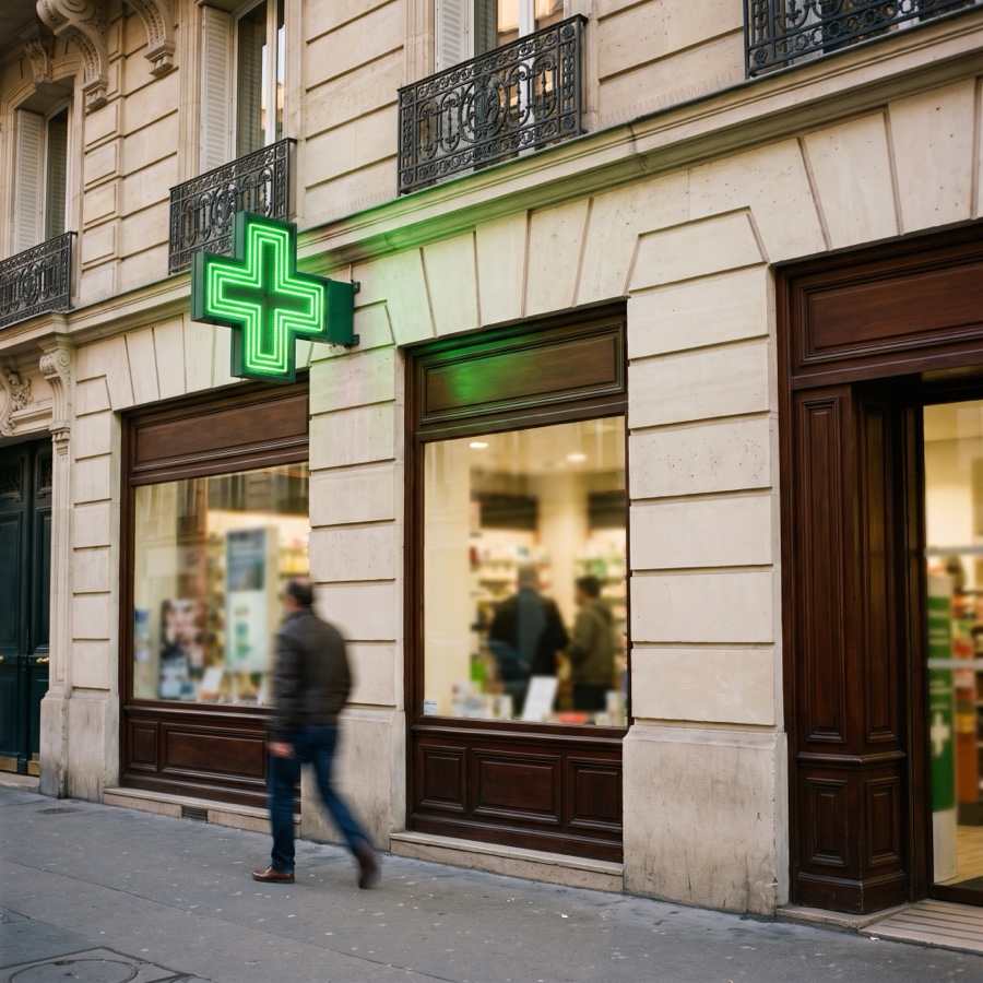 Devanture d'une pharmacie française et sa croix verte, sur une rue haussmannienne