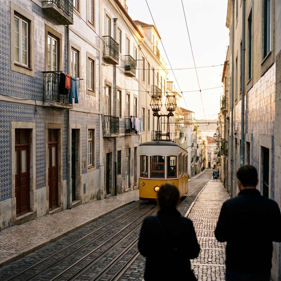 Tram jaune remontant une rue de Lisbonne bordée de façades d'azulejos