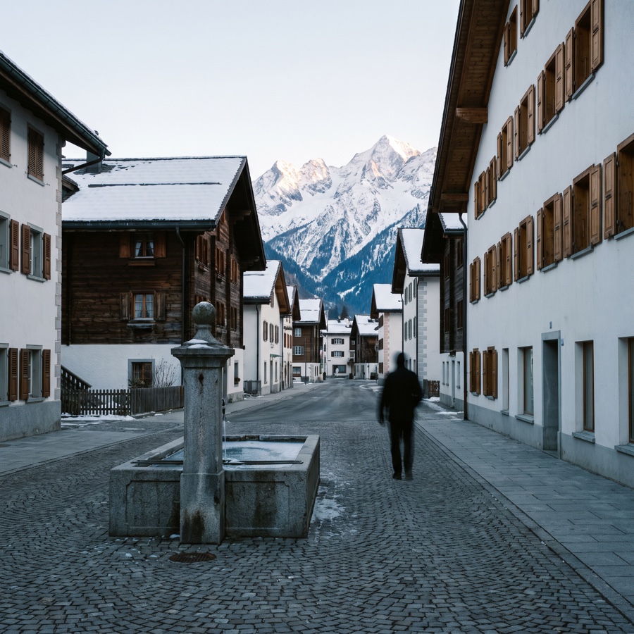 Rue d'un village alpin suisse, fontaine de pierre et sommets enneigés au fond